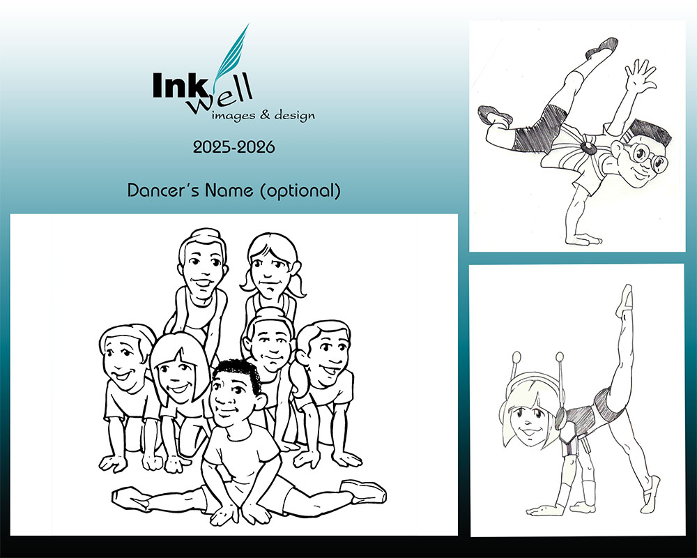 cartoon illustrating a group photo and two solo dancers