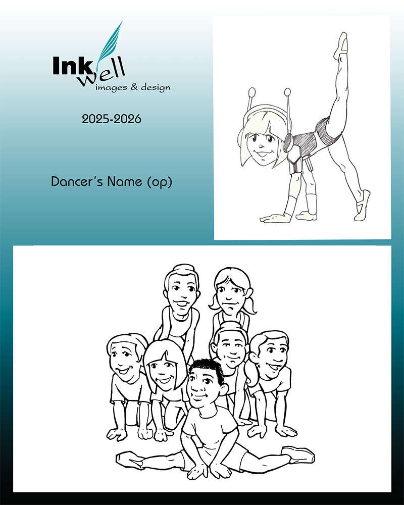 cartoon illustrating a group photo and a solo dancer